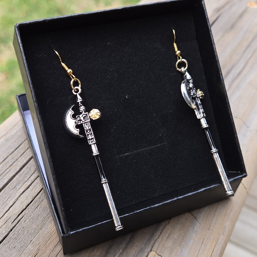 Goth Silver Medieval Axe With Gold Accents Earrings